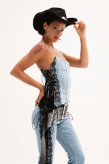 TICKED AND TIED LACE DETAIL DENIM CORSET