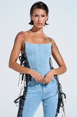 TICKED AND TIED LACE DETAIL DENIM CORSET