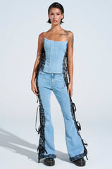 TICKED AND TIED LACE AND BOW DETAIL DENIM PANTS