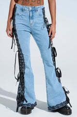 TICKED AND TIED LACE AND BOW DETAIL DENIM PANTS
