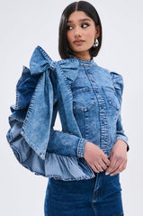 SEIZE THE DAY LONG SLEEVE FLOUNCE MEDIUM BLUE DENIM TOP