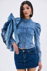 SEIZE THE DAY LONG SLEEVE FLOUNCE MEDIUM BLUE DENIM TOP