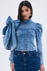 SEIZE THE DAY LONG SLEEVE FLOUNCE MEDIUM BLUE DENIM TOP