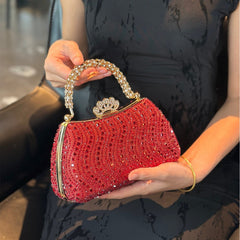Elegant Pearl and Rhinestone Evening Bag – Beaded Handbag with Crown Handle for Women