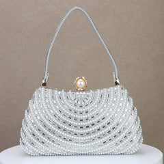 Pearl-Inlaid Diamond Evening Clutch with Chain Strap for Banquet and Formal Events