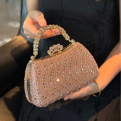 Elegant Pearl and Rhinestone Evening Bag – Beaded Handbag with Crown Handle for Women