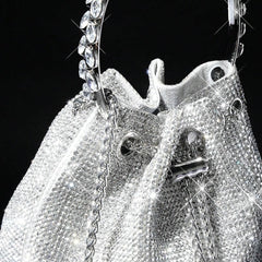 Silver Rhinestone Drawstring Evening Bag – Metallic Chain Handle Clutch for Women