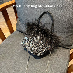 2025 Sequin Dinner Bag with Ostrich Feather - Handheld, Shoulder, and Crossbody Party Bag for Women
