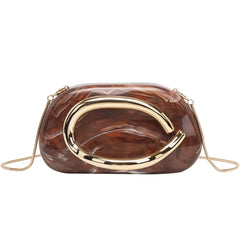 Elegant Brown Marble Acrylic Clutch Bag – Gold Handle Crossbody Purse for Women