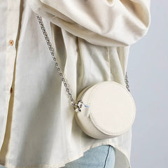 New Genuine Leather Round Mini Chain Shoulder Crossbody Bag – Women’s First Layer Cowhide Portable Powder Storage Bag