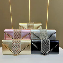 Elegant Gold Metallic Clutch – Rhinestone Detail Evening Bag for Women