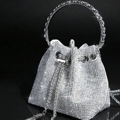 Silver Rhinestone Drawstring Evening Bag – Metallic Chain Handle Clutch for Women