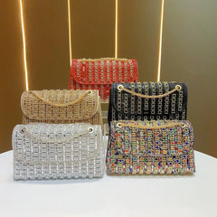 European and American High-End Diamond-Encrusted Small Square Evening Bag – Chain Shoulder and Crossbody Armpit Bag