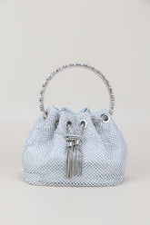 Silver Rhinestone Drawstring Evening Bag – Metallic Chain Handle Clutch for Women
