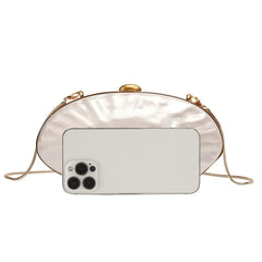 Elegant Pearl White Oval Evening Clutch – Gold Chain Shoulder Bag for Women