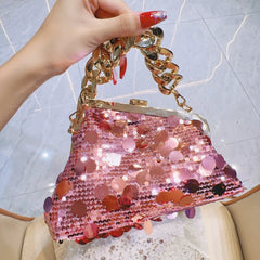 Shiny Pink Sequin Handbag – Chic Chain Handle Evening Bag for Women