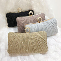 Elegant Pleated Glitter Evening Clutch – Ring Handle Formal Party Bag for Women (Multiple Colors)