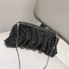 Women's Rhinestone Pleated Evening Bag – One-Shoulder, Crossbody Shiny Clutch for Formal Events