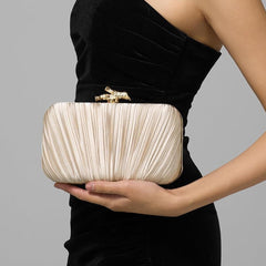 Elegant Pleated Satin Evening Clutch – Gold Handle Formal Party Bag for Women