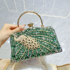 Peacock Rhinestone Evening Handbag for Women – Top Handle and Chain Strap Formal Clutch