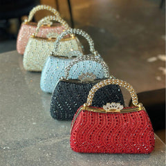 Elegant Pearl and Rhinestone Evening Bag – Beaded Handbag with Crown Handle for Women