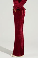 VELOUR GALORE FLARED LEG JOGGER IN BURGUNDY