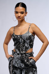 GROUNDED ENERGY PRINTED WOVEN CORSET TOP
