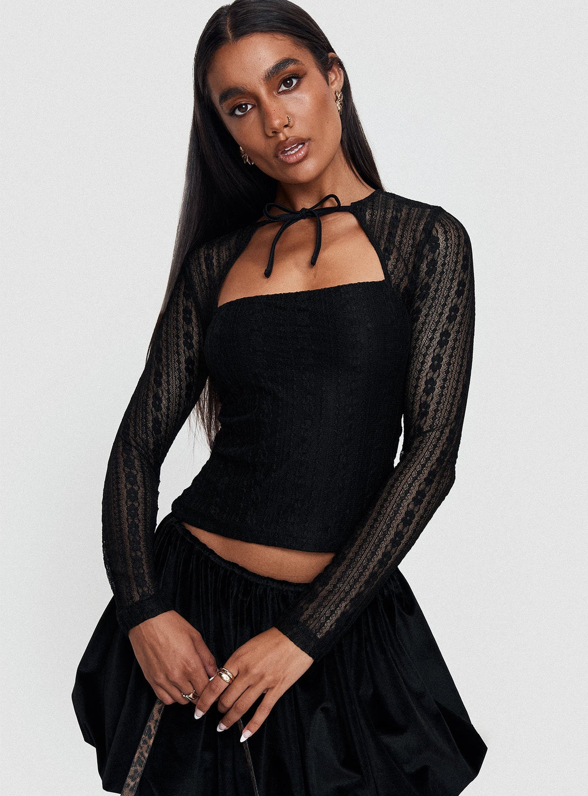 Worth My Time Tie Neck Cut Out Top Black