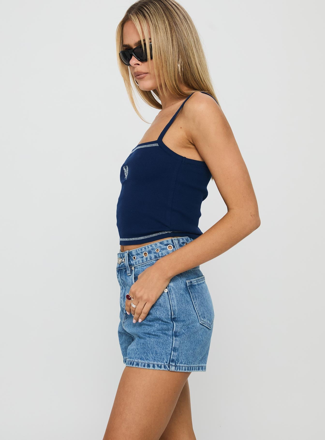 Tropicana Denim Eyelet Detail Shorts Mid Blue