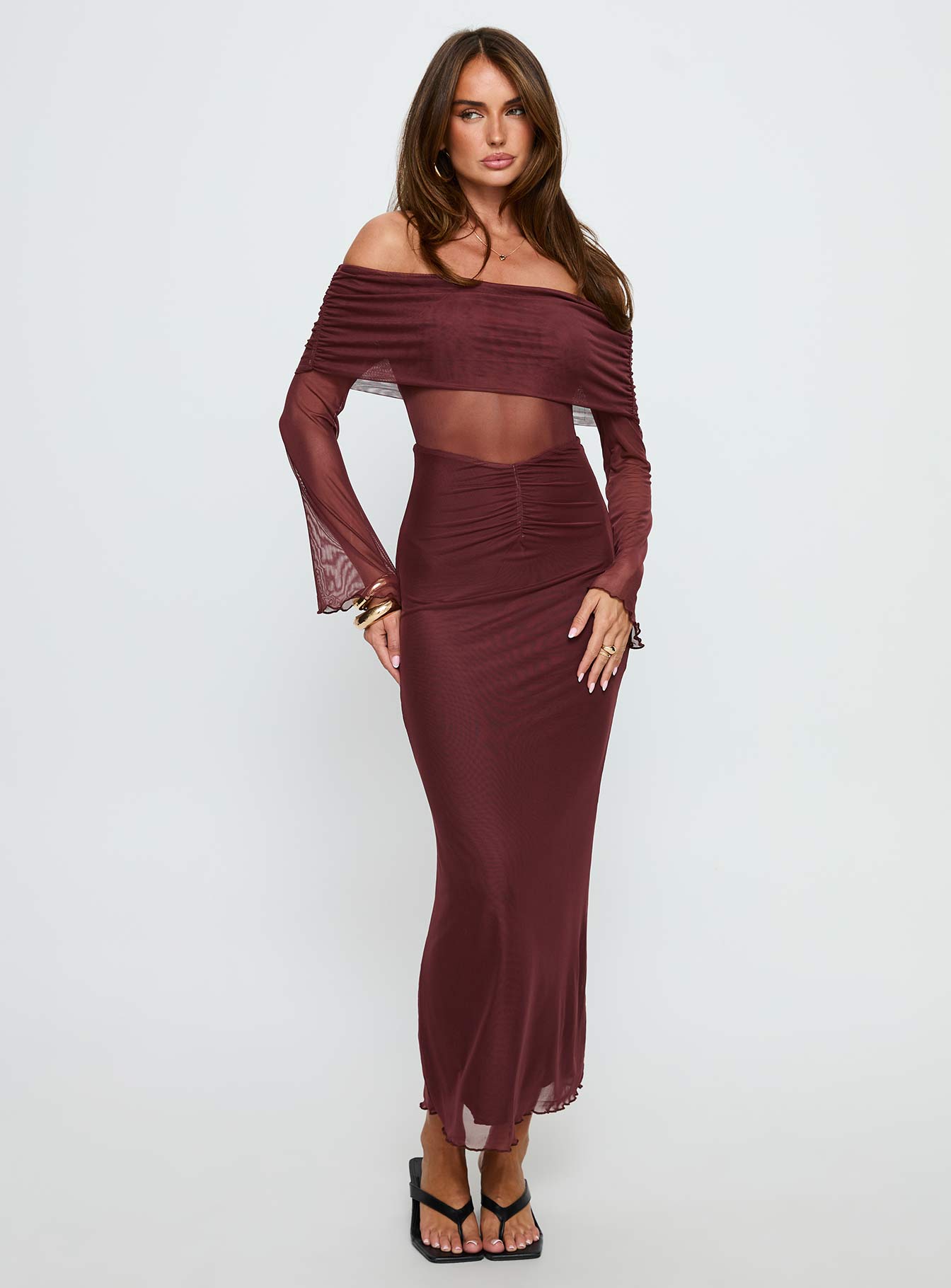 Velouria Off Shoulder Long Sleeve Maxi Dress Brown