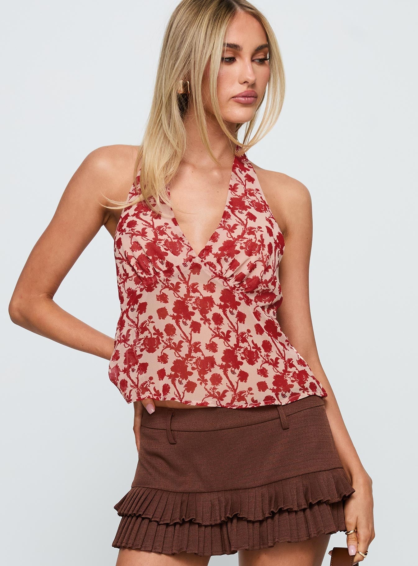 Two Ghosts Low Back Halter Top Red Floral
