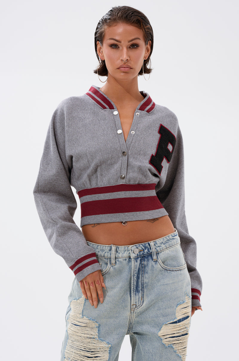 VARSITY TEAM BUTTON DOWN SWEATER IN HEATHER GREY