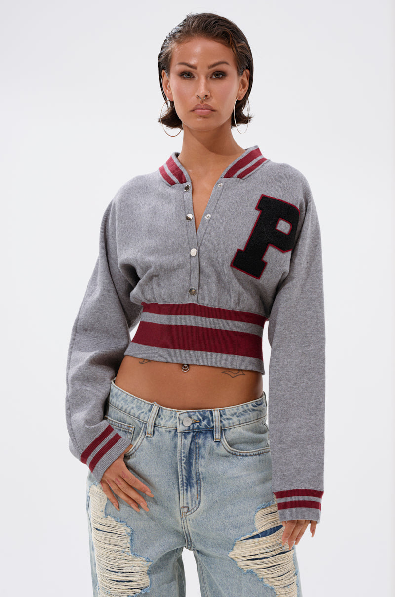 VARSITY TEAM BUTTON DOWN SWEATER IN HEATHER GREY