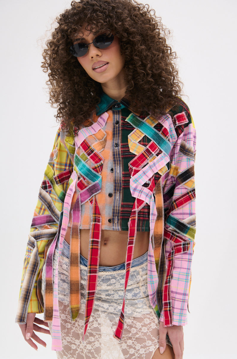 FEELING CRAZY MIXED PLAID BUTTON DOWN