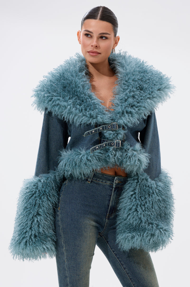 SIT PRETTY FUR TRIM DENIM JACKET