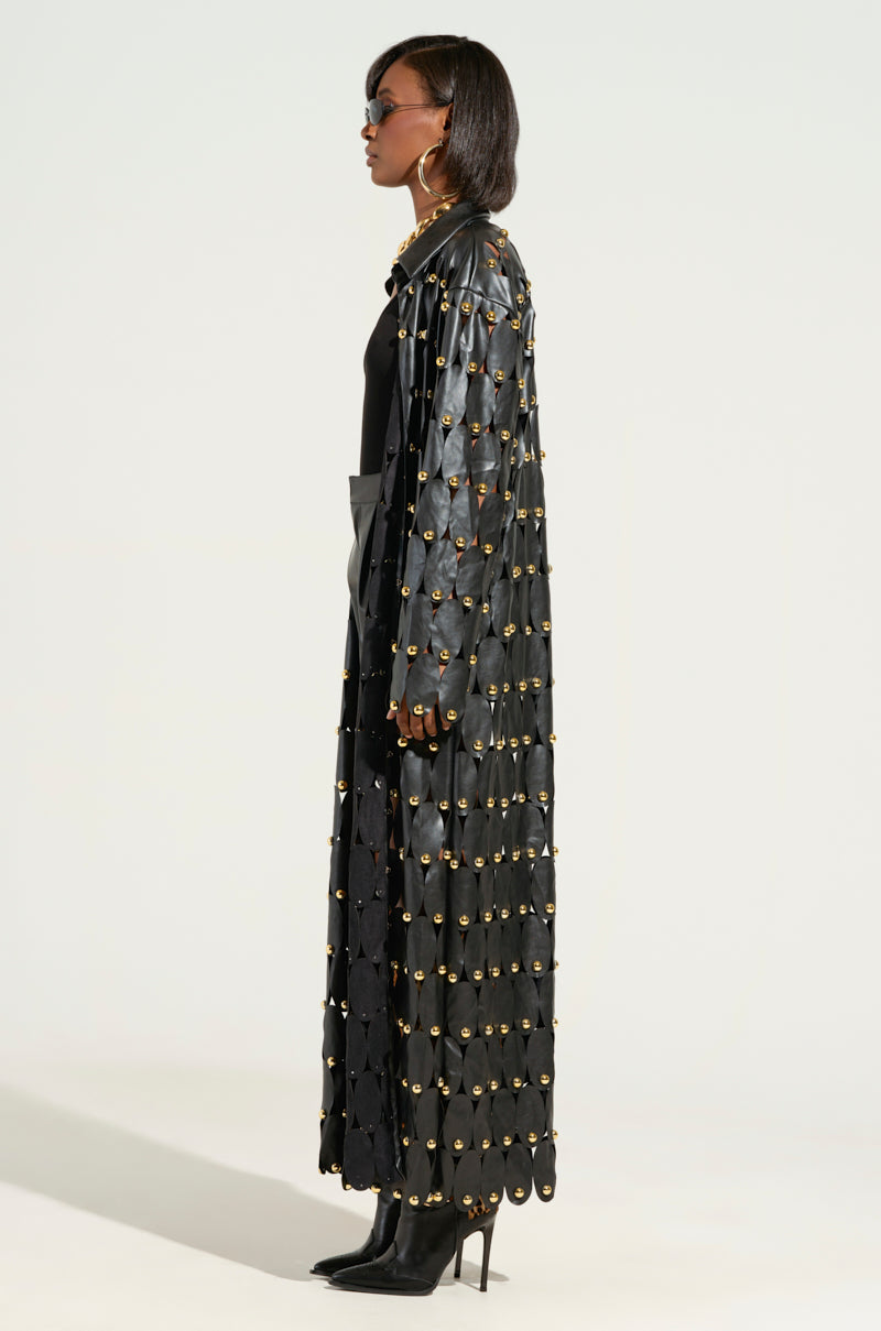 THE SNEAK PEEK STUDDED PU LONG CARDIGAN IN BLACK