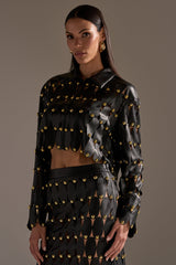 THE SNEAK PEEK STUDDED PU BLOUSE IN BLACK