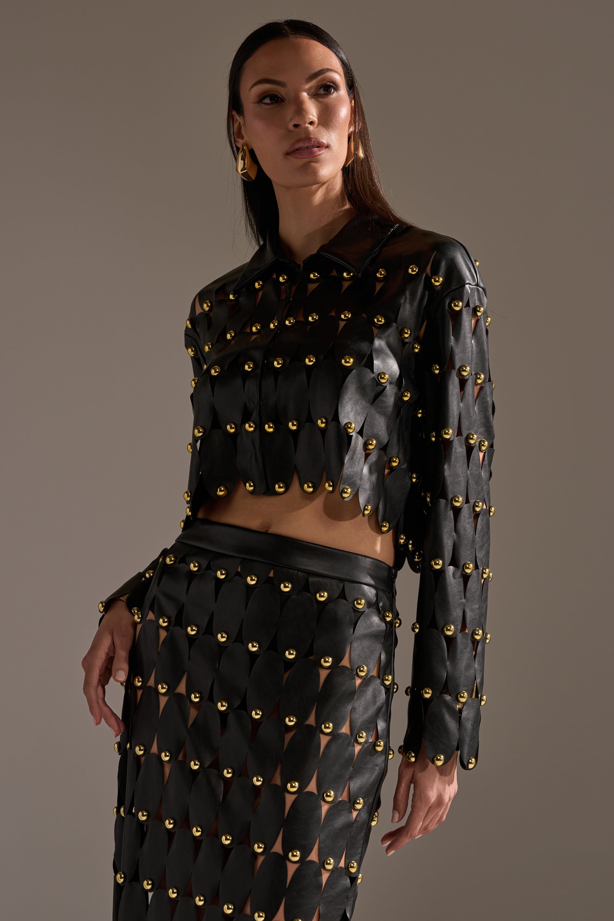 THE SNEAK PEEK STUDDED PU BLOUSE IN BLACK