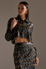 THE SNEAK PEEK STUDDED PU BLOUSE IN BLACK