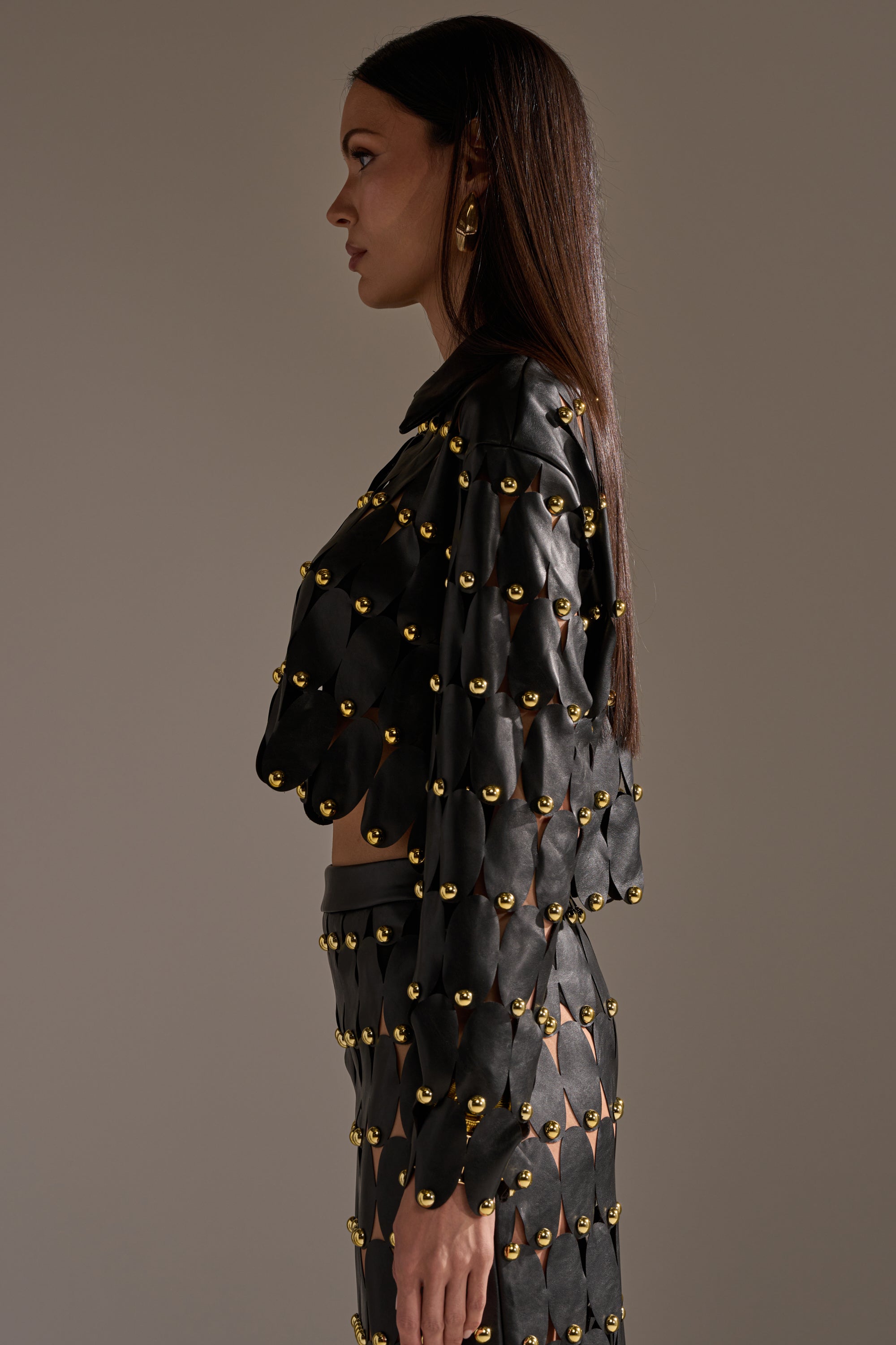 THE SNEAK PEEK STUDDED PU BLOUSE IN BLACK