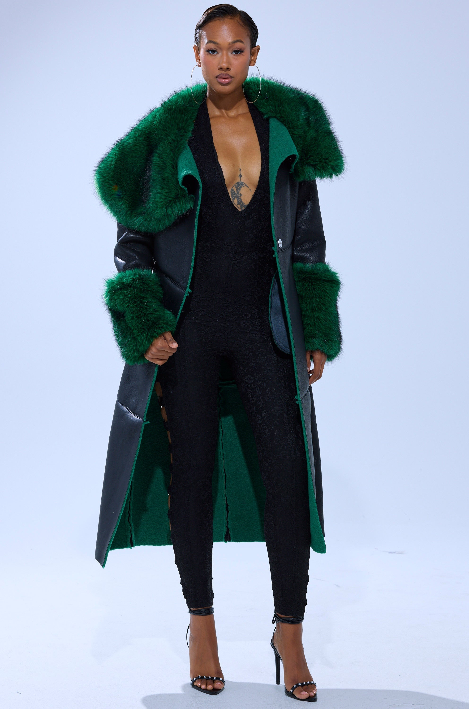 SEEING GREEN FUR TRIM TRENCH