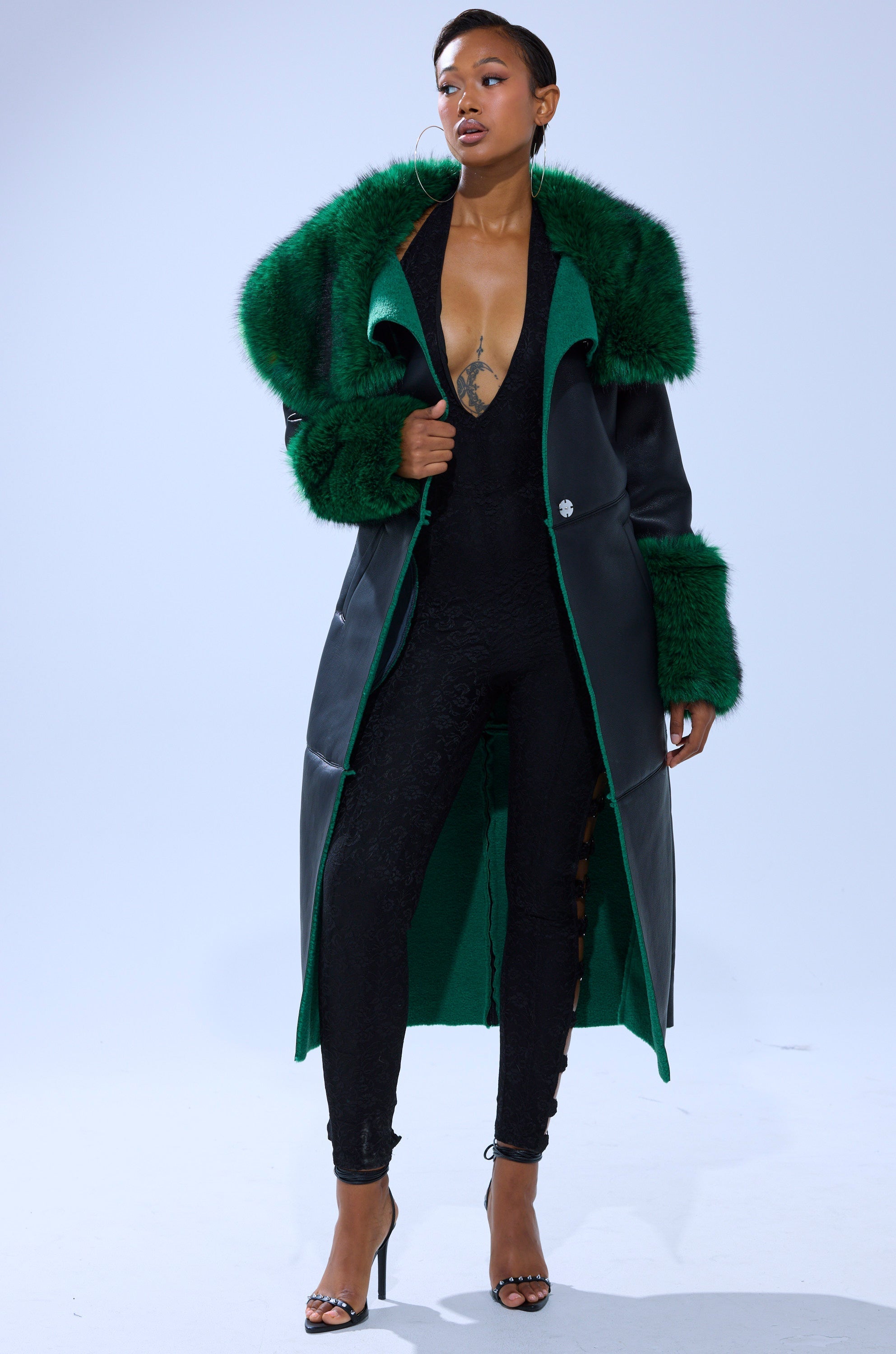 SEEING GREEN FUR TRIM TRENCH