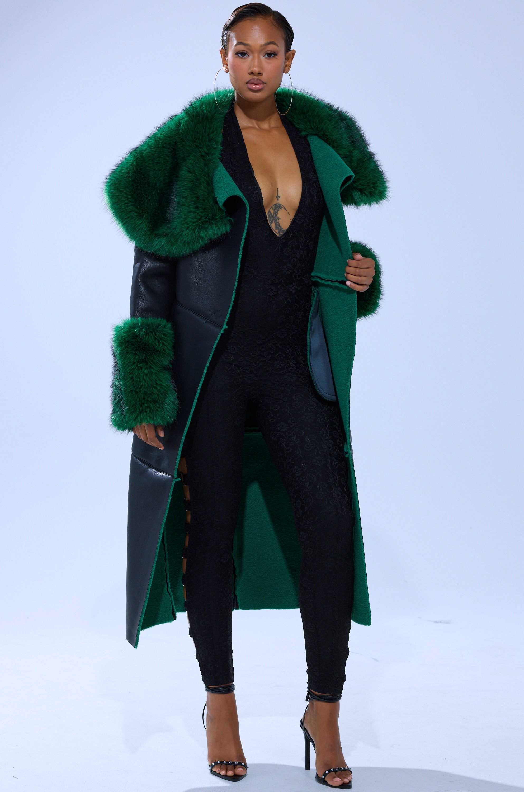 SEEING GREEN FUR TRIM TRENCH