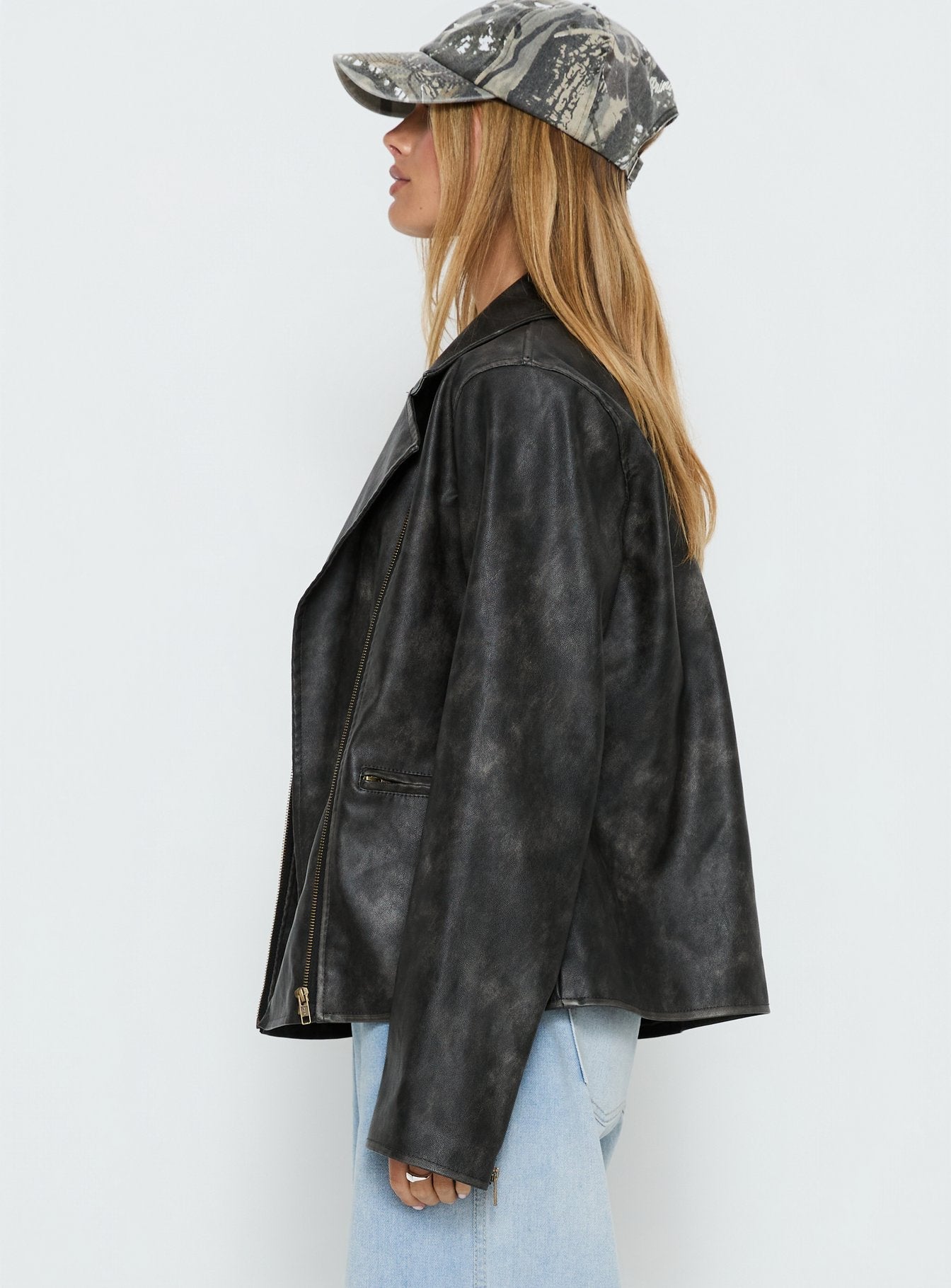 Vyolette Faux Leather Collared Jacket Washed Black