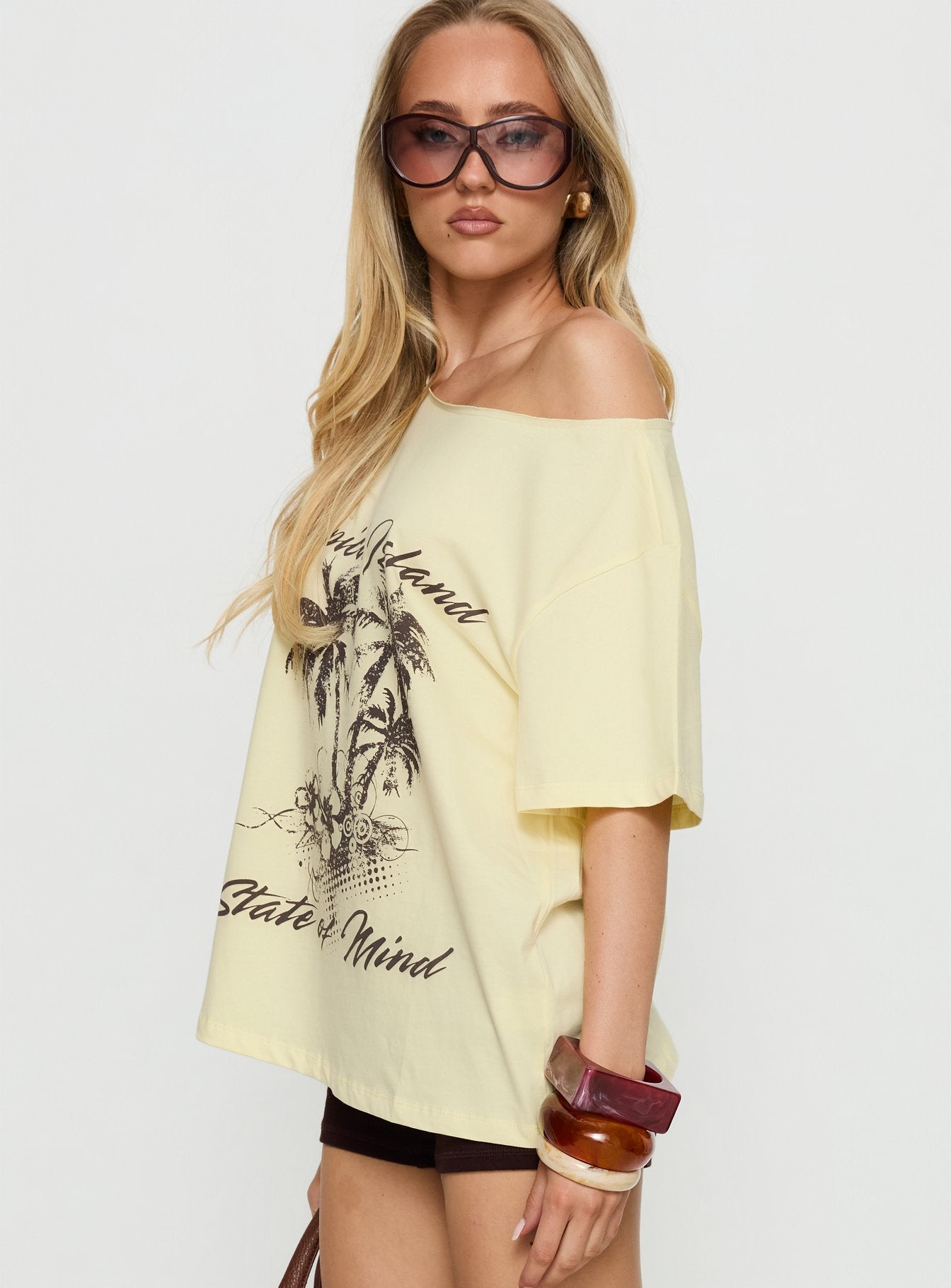 Tropical Islands Off Shoulder Graphic Tee Yellow