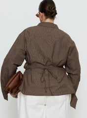 Xinia Tie Waist Long Sleeve Shirt Brown Check Curve