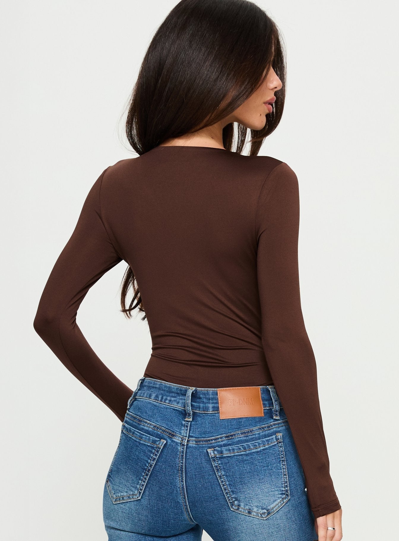 Vennie Twist Front Long Sleeve Bodysuit Brown