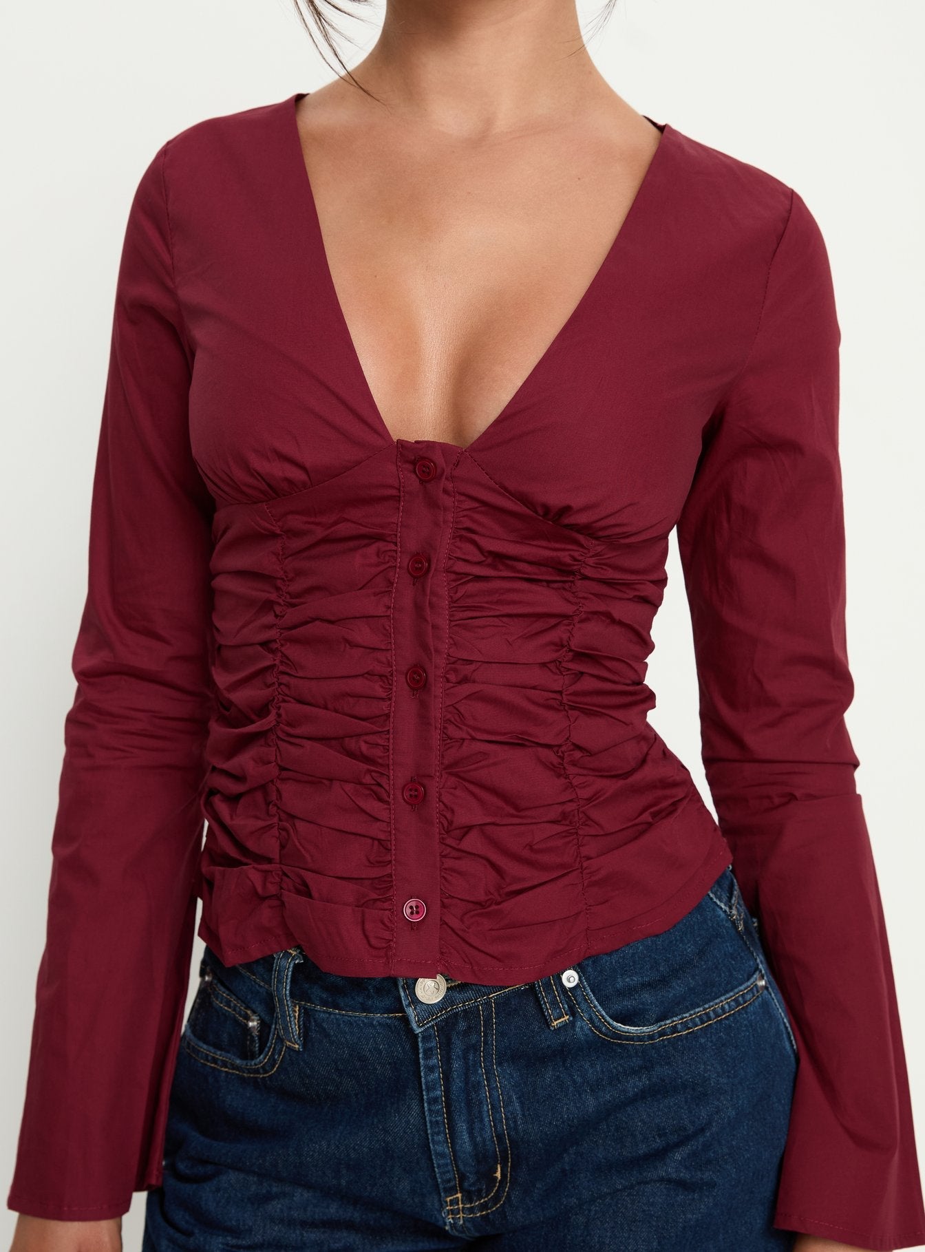 Zanetta Ruched Long Sleeve Top Burgundy