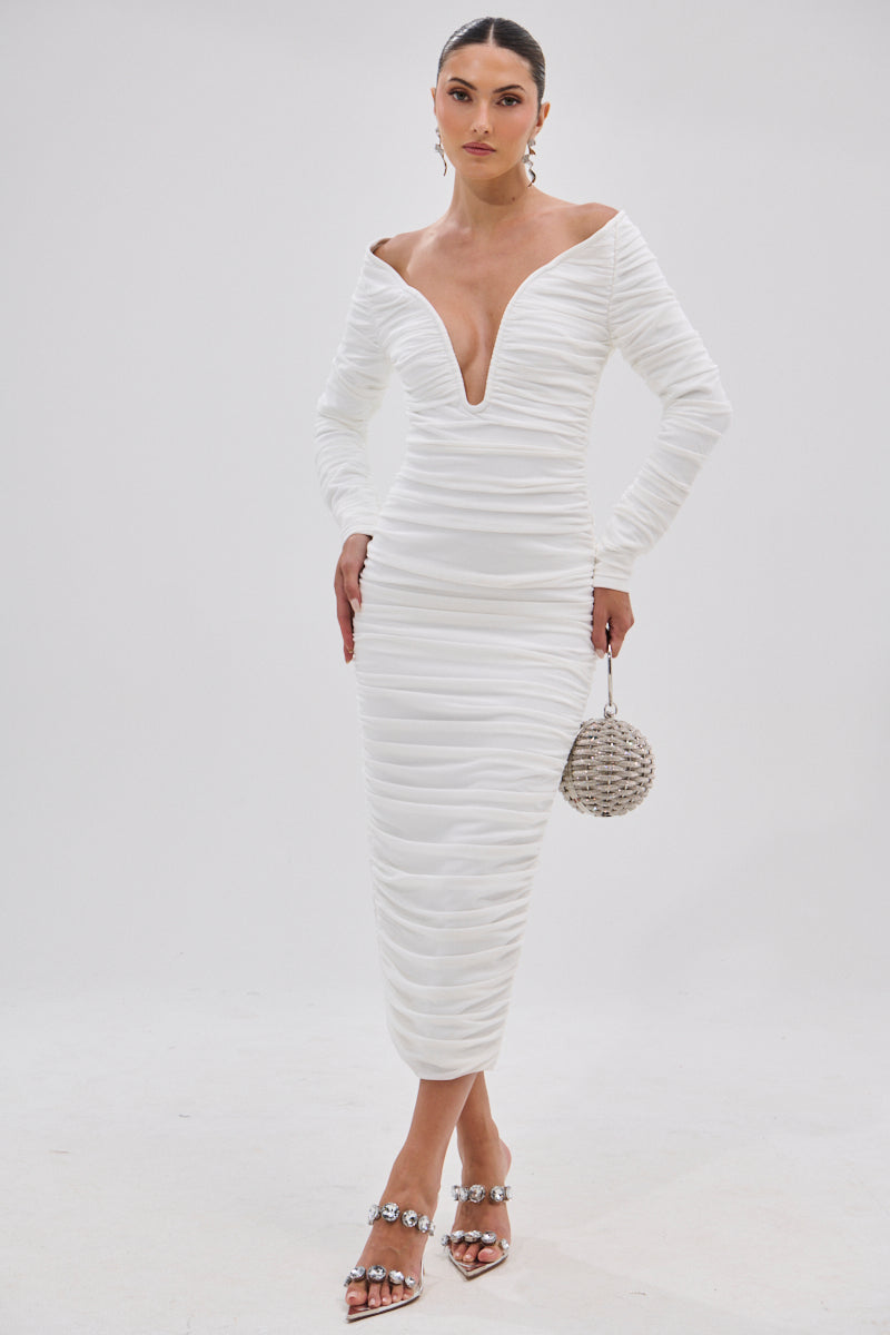TARAJI BANDAGE MIDI DRESS WITH MESH OVERLAY