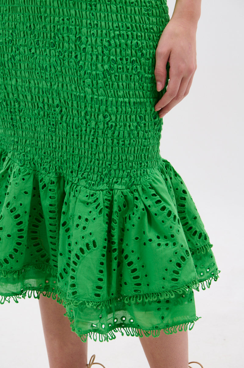 LET'S GO TO THE BEACH RUFFLE MIDI DRESS IN GREEN